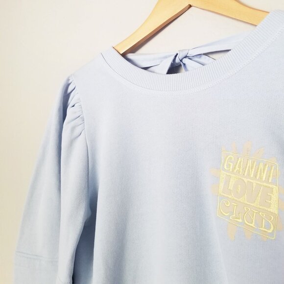 Ganni Isoli Bow Open Back Puff Sleeve Organic Cotton Sweatshirt XS Blue $215 - Picture 8 of 16
